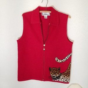 Lisa International Leopard Cat Vest Size SMALL Red Vintage Zip Up Front